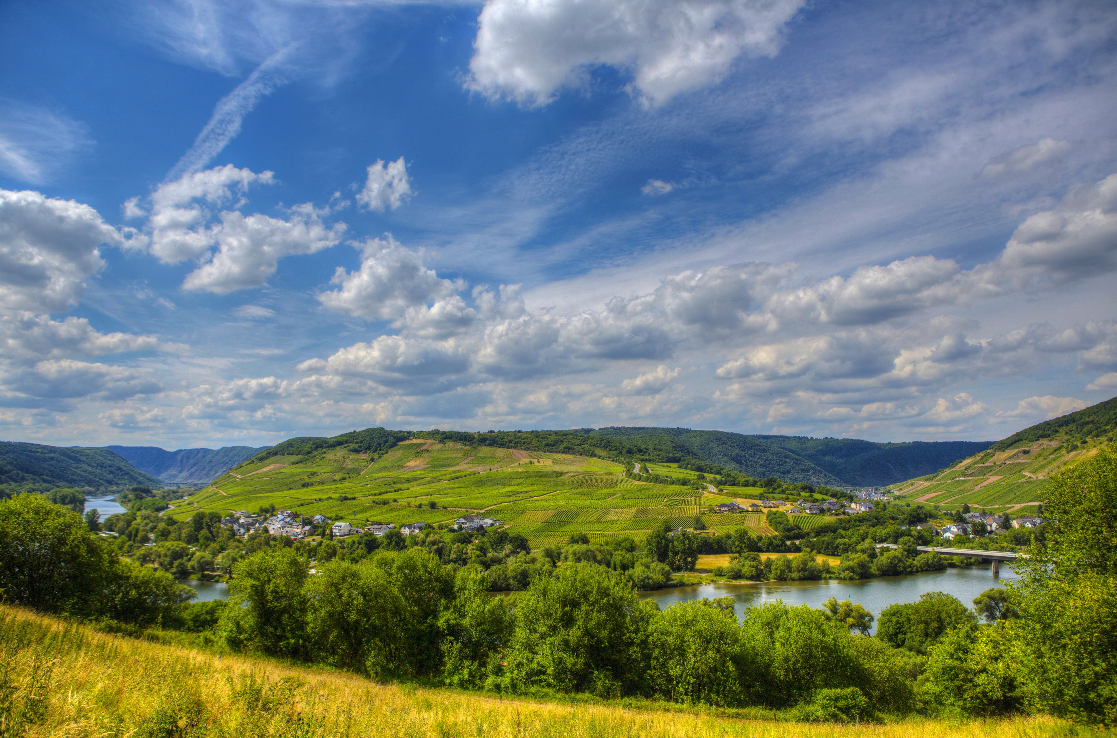 scenery, River, Sky, Germany, Sinsheim, Trees, Nature, Town, Village Wallpaper