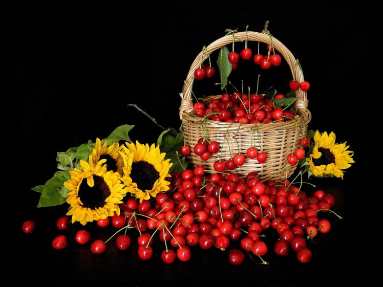 cherry, Basket, Sunflowers, Still, Life, Cherries HD Wallpaper Desktop Background