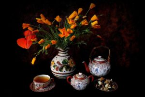 flowers, Vase, Cup, Tea, Nuts, Still, Life