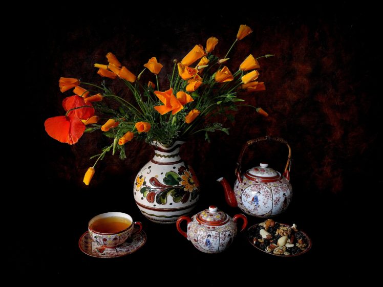 flowers, Vase, Cup, Tea, Nuts, Still, Life HD Wallpaper Desktop Background