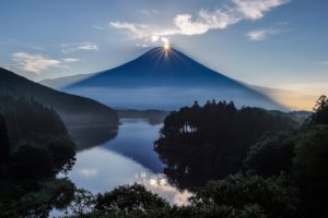 japan, Fuji, Volcano, Mountains, Sun, Reflection