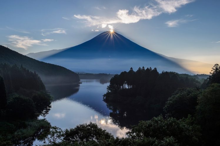 japan, Fuji, Volcano, Mountains, Sun, Reflection HD Wallpaper Desktop Background