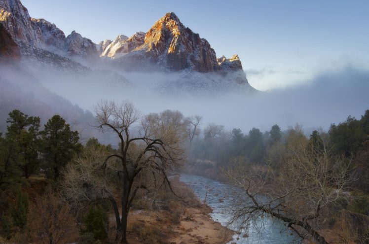 mountaina, Winter, Forest, River, Fog, Trees HD Wallpaper Desktop Background