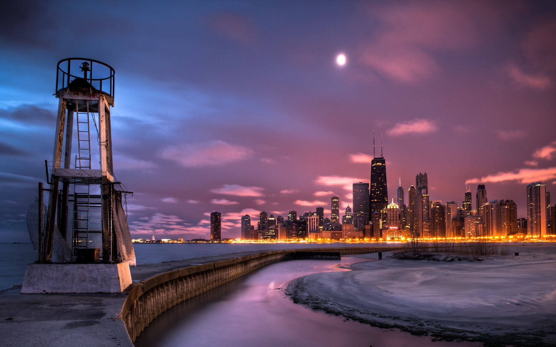 chicago, Winter, Ice, Jetty, Lighthouse, Lakes, Night, Lights, Architecture, Buildings, Skyscraper, Sky, Clouds Wallpaper