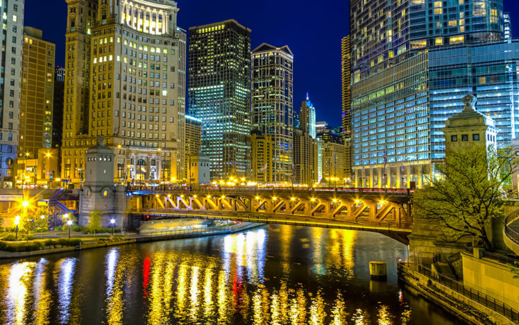chicago, Illinois, Architecture, Buildings, Skyscraper, Night, Lights, Hdr, Bridges, Rivers, Reflection, Cities HD Wallpaper Desktop Background
