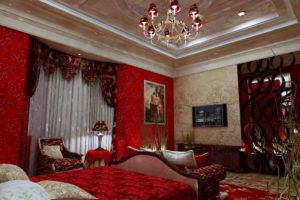 interior, Bed, Ceiling, Chandelier, Design, Bedroom, Furniture