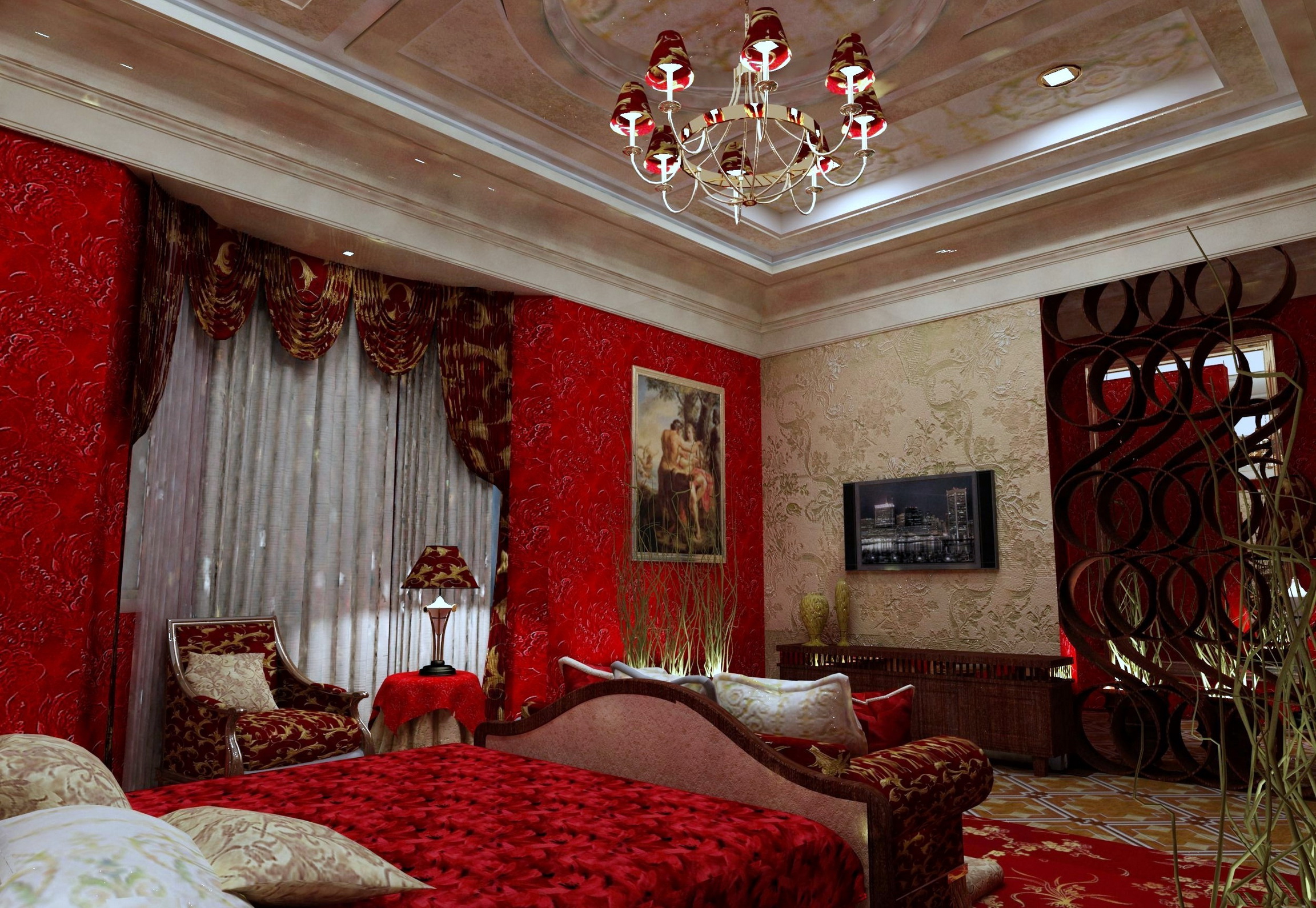 interior, Bed, Ceiling, Chandelier, Design, Bedroom, Furniture Wallpaper