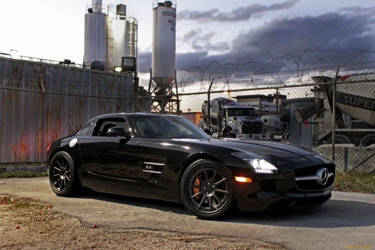 mercedes, Benz, Sls, Amg, Supercar, Black, Fence HD Wallpaper Desktop Background