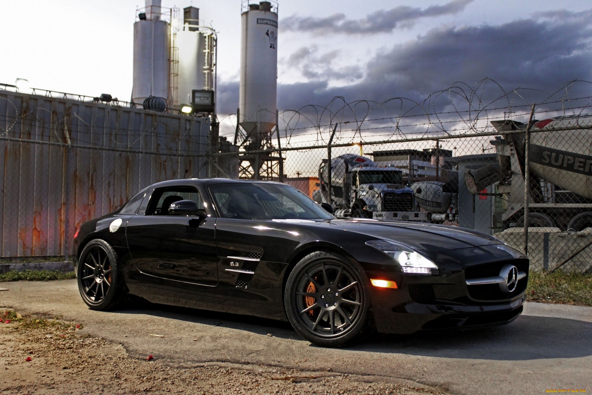 mercedes, Benz, Sls, Amg, Supercar, Black, Fence Wallpaper