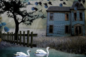 painting, Art, Texture, Rustic, Birds, Swan, Fence, House, Buildings, Architecture, Trees