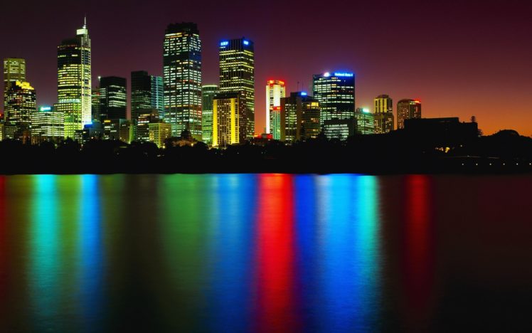 skyscraper, Buildings, Architecture, Cities, Skyline, Cityscape, Bay, Water, Reflection, Rainbow, Color, Night, Lights HD Wallpaper Desktop Background