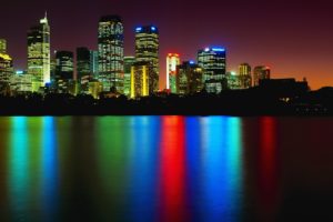 skyscraper, Buildings, Architecture, Cities, Skyline, Cityscape, Bay, Water, Reflection, Rainbow, Color, Night, Lights