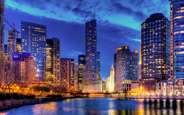 streeterville, Trump, Tower, Chicago, Illinois, Usa, Architecture, Cities, Buildings, Skyscrapers, Night, Lights, Rivers, Reflection, Sky, Clouds HD Wallpaper Desktop Background