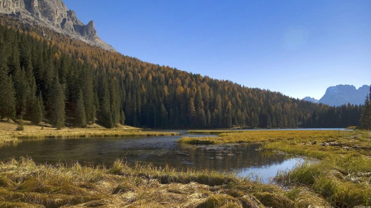 mountains, River, Stream, Grass, Clear, Sky, Tall, Trees HD Wallpaper Desktop Background