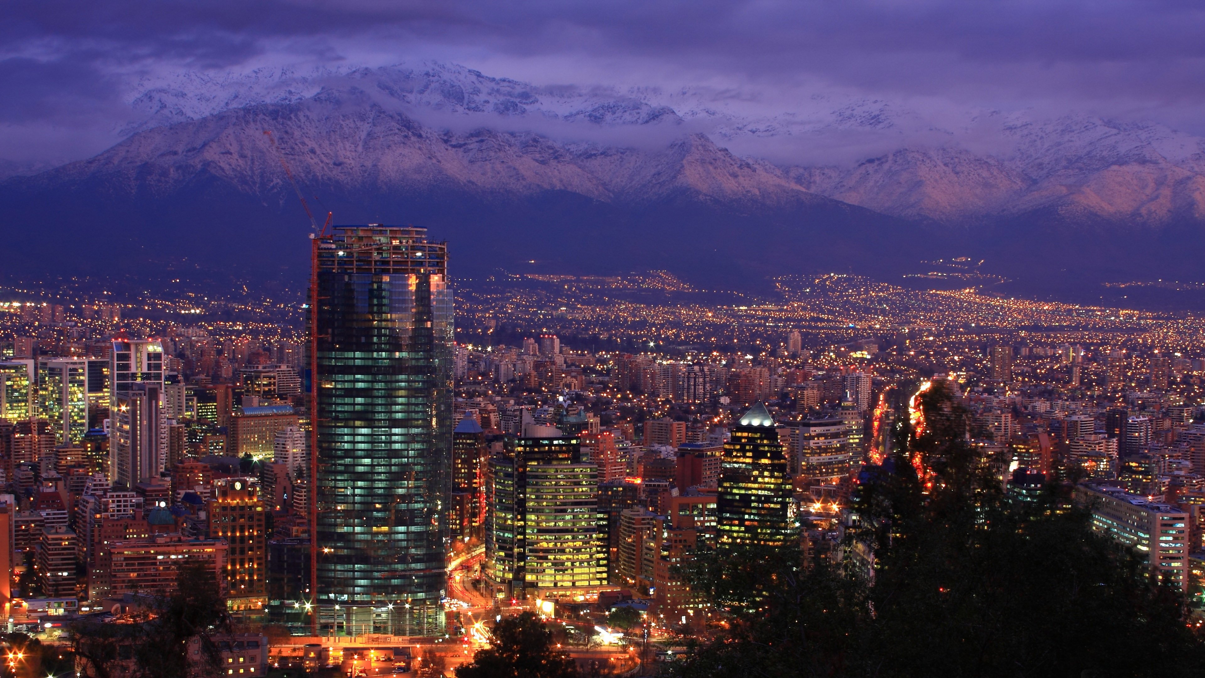 santiago, Chile, City, Buildings, Cars, Lights, Mountainside