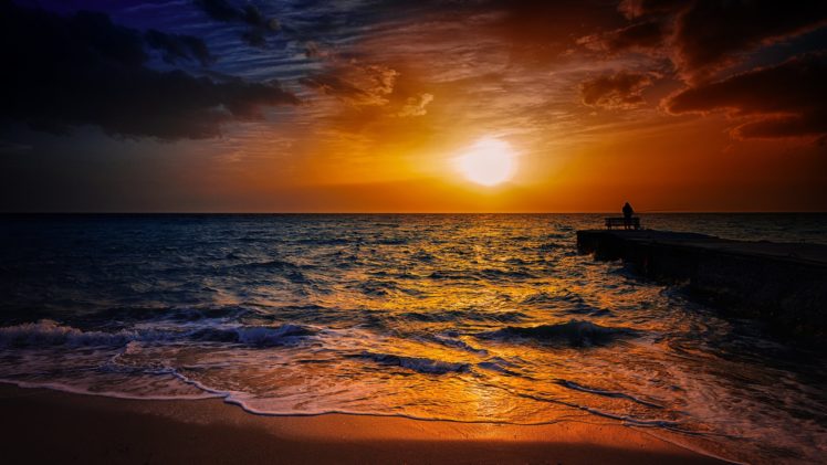 pier, Fisherman, Sky, Sun, Sea, Bench, Sunset, Sunrise, Mood, Ocean, Beach, Waves HD Wallpaper Desktop Background