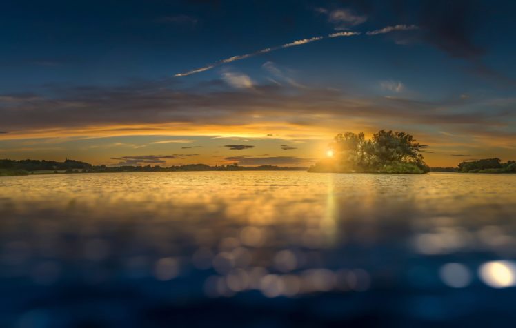 clouds, Island, Sky, Sun, Lake, Sunrise, Sunset HD Wallpaper Desktop Background