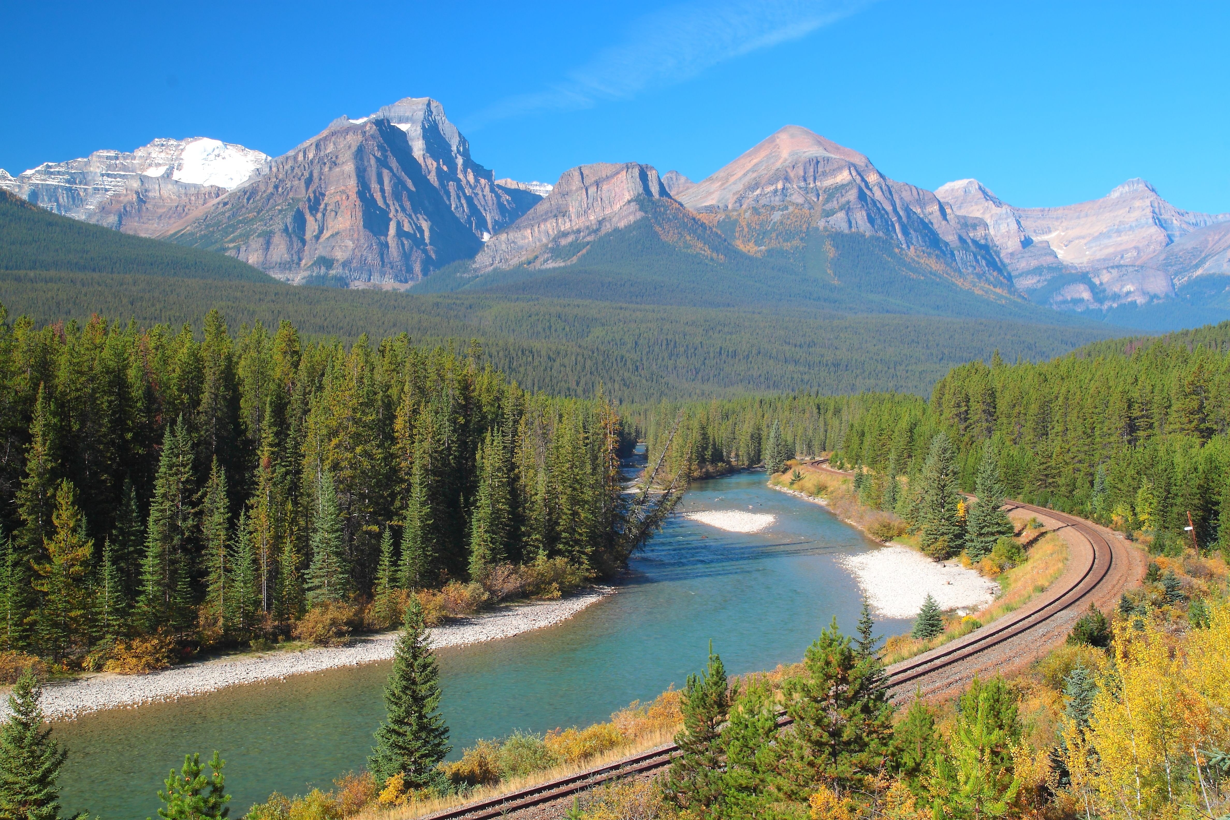 bow, River, Mountains, Train, Tracks, Railroad, Banff, National, Park Wallpaper