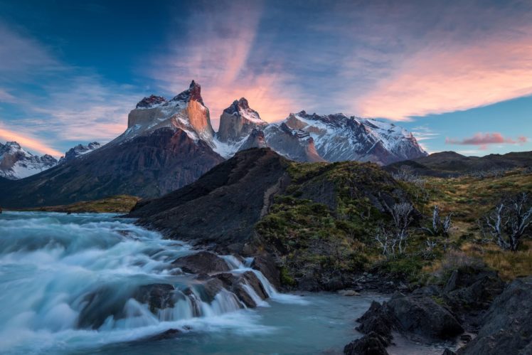 torres, Del, Paine, Chili, River, Waterfall, Sky, Clouds, Mountains HD Wallpaper Desktop Background