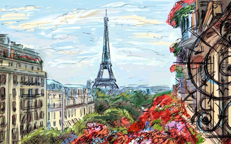 eiffel, Tower, Paris, Sky, Clouds, Houses, France, French, Artwork, Art, Painting HD Wallpaper Desktop Background