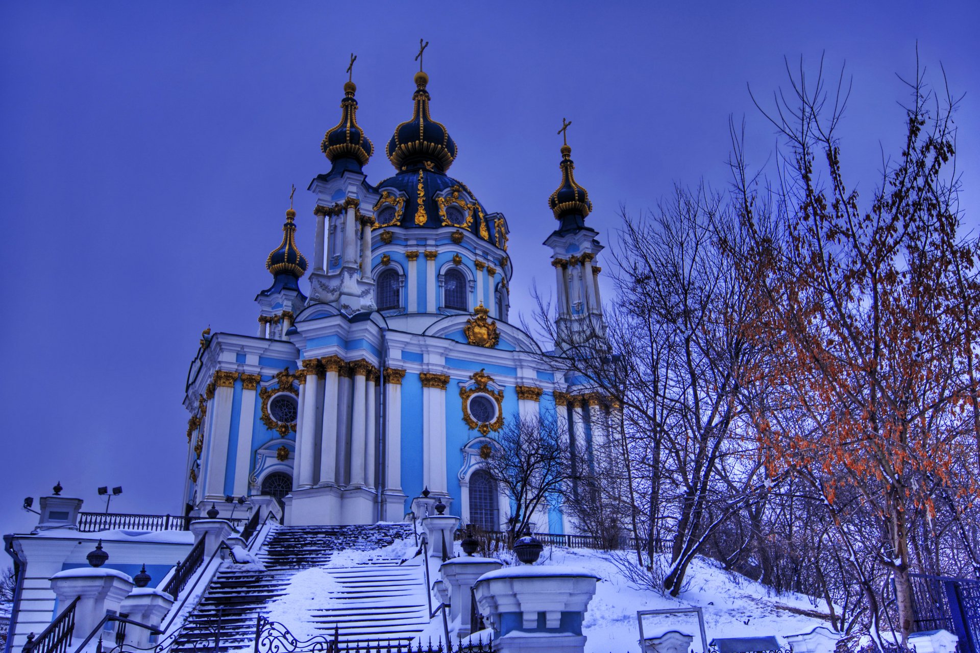 kiev, Ukraine, Sky, Evening, St, Andrewand039s, Church, St, Andrewand039s, Descent, Snow, Trees, Winter Wallpaper