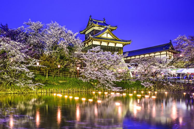 koriyama, Castle, Yamatokoriyama, Japan, Pond, Pond, Spring, Park, Trees, Cherry, Reflection, Lights HD Wallpaper Desktop Background