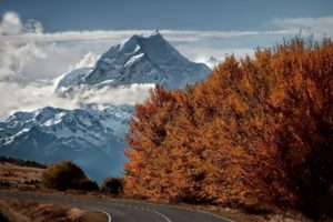 mountains, Top, Snow, Road, Trees, Autumn