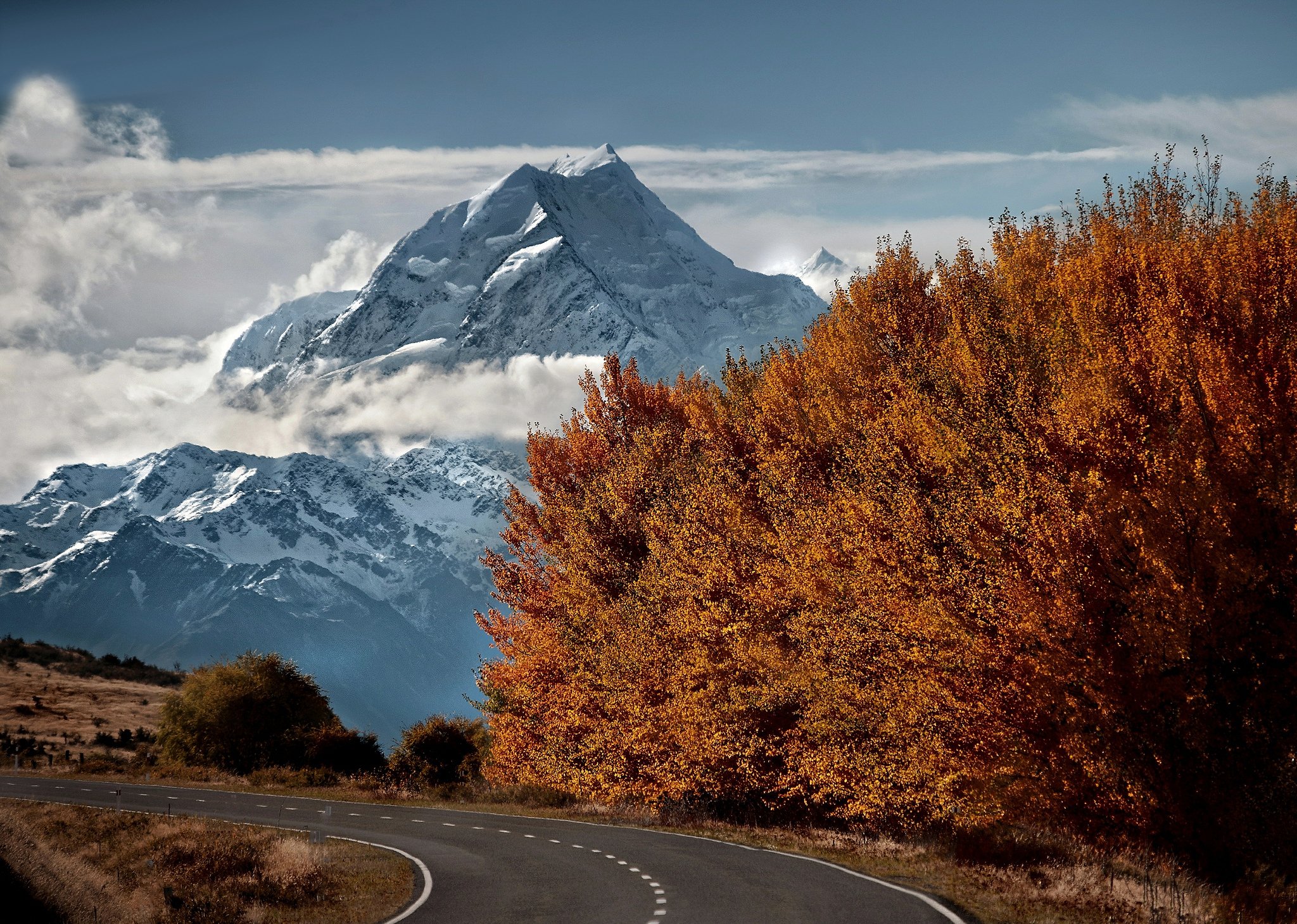 mountains, Top, Snow, Road, Trees, Autumn Wallpaper