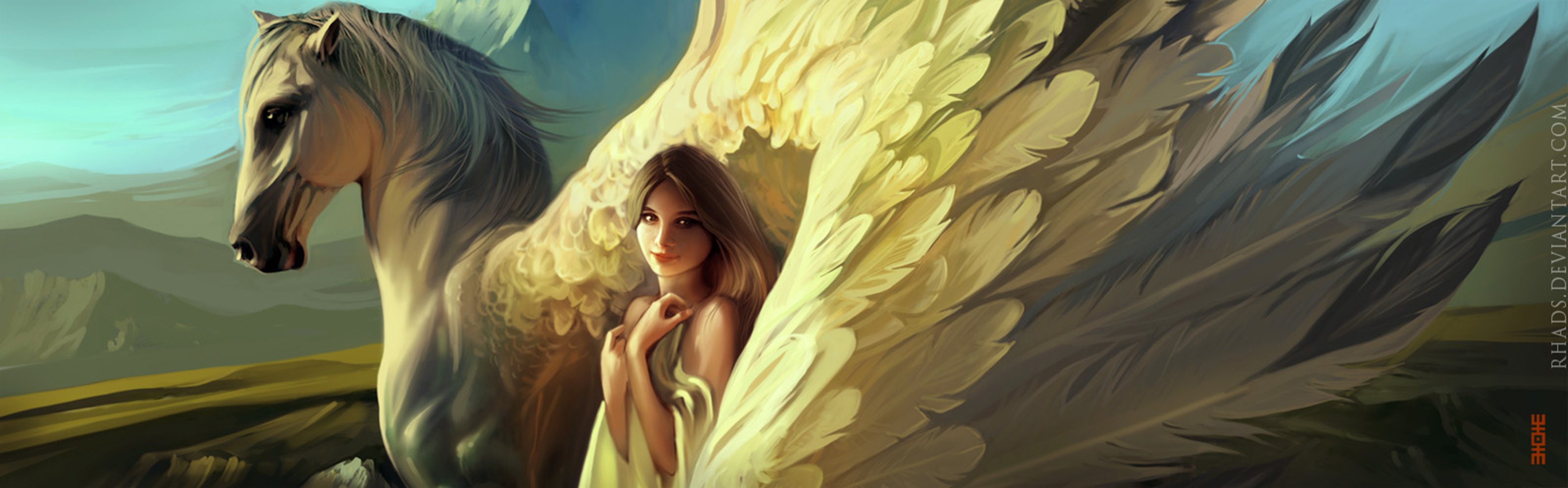 pegasus, Angel, Painting, Girl, Artwork, Mood, Love, Fantasy, Feathers, Wings Wallpaper