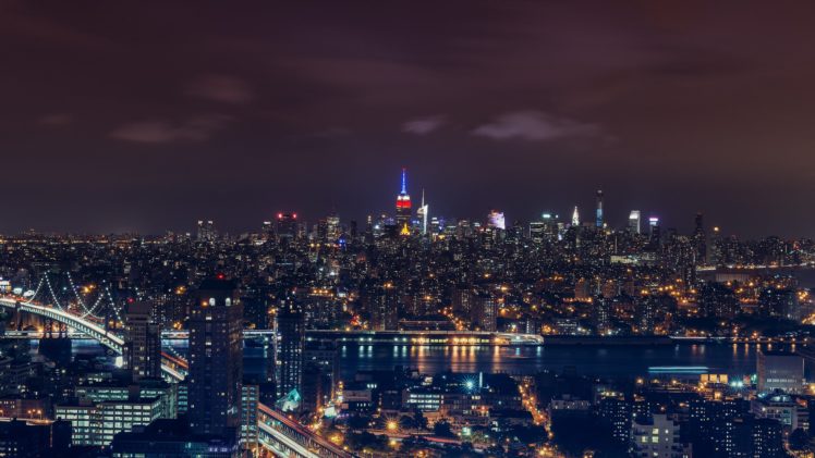 architecture, Buildings, Cities, Cityscape, Contrast, Empire, Lights, Night, Panorama, Place, Rivers, Scenic, Shift, Skyline, Skyscrapers, State, Tilt, View, Water, Window, World, New york, Nyc, Bridge, Brooklyn HD Wallpaper Desktop Background