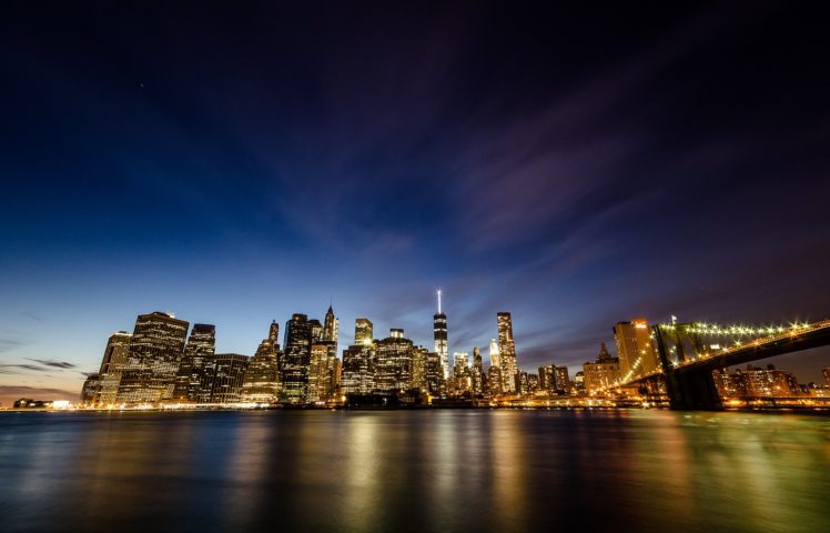 architecture, Buildings, Cities, Cityscape, Contrast, Empire, Lights, Night, Panorama, Place, Rivers, Scenic, Shift, Skyline, Skyscrapers, State, Tilt, View, Water, Window, World, New york, Nyc, Bridge, Brooklyn HD Wallpaper Desktop Background