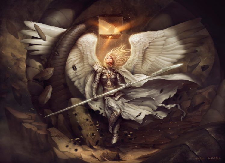 angel, Warrior, Mage, Staff, Wings, Fantasy, Girls HD Wallpaper Desktop Background