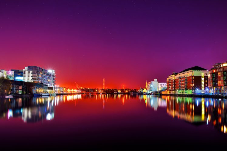 ireland, Houses, River, Dublin, Night, Cities, Reflection, Night HD Wallpaper Desktop Background