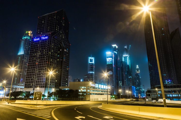 united, Arab, Emirates, Skyscrapers, Roads, Dubai, Night, Street, Lights, Cities HD Wallpaper Desktop Background