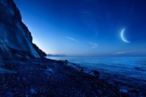moon, Sky, Blue, Sea, Beach, Rocks, Nature