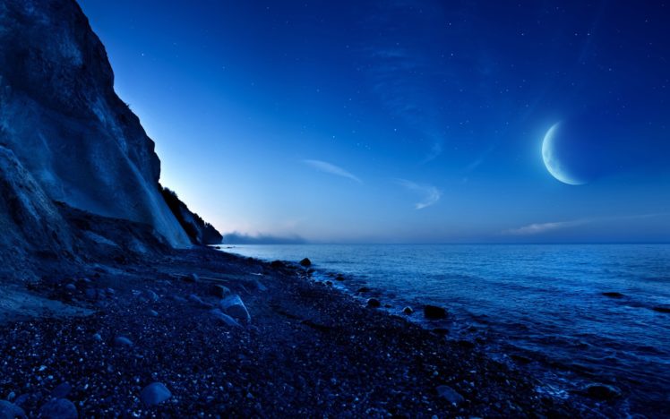 moon, Sky, Blue, Sea, Beach, Rocks, Nature HD Wallpaper Desktop Background