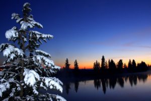 nature, Snow, Lake, Sunset