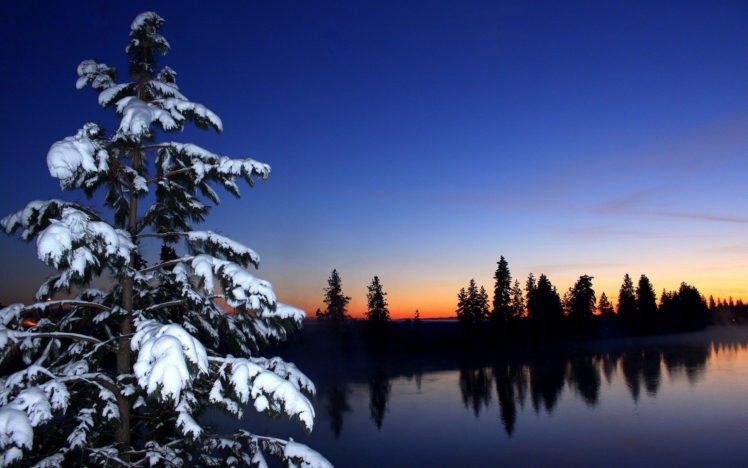 nature, Snow, Lake, Sunset HD Wallpaper Desktop Background