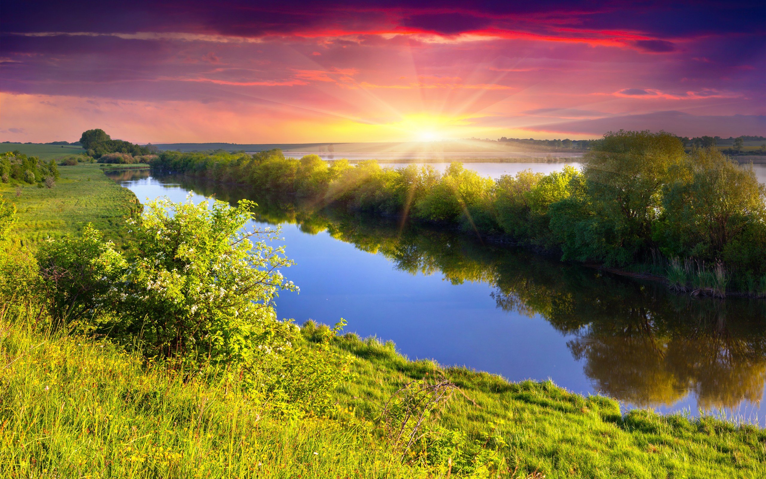 river, Nature, Sky, Sun, Trees, Green Wallpapers HD / Desktop and