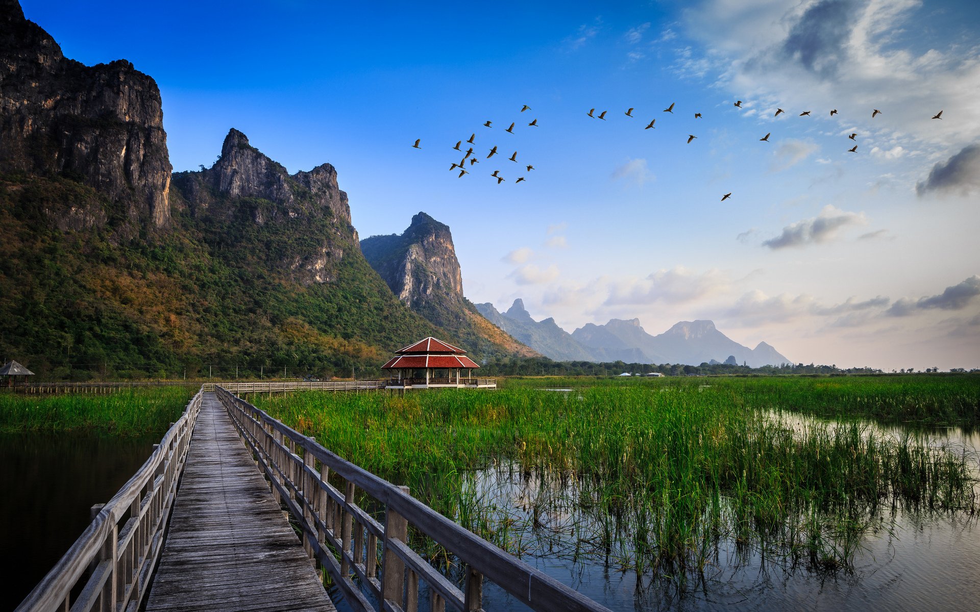 mountain, Nature, River, Lake, Bride, House, Birds, Sky, Blue, Clouds Wallpaper