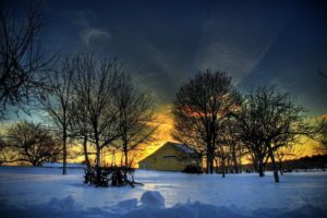 village, Snow, Sunset, Winter, Nature