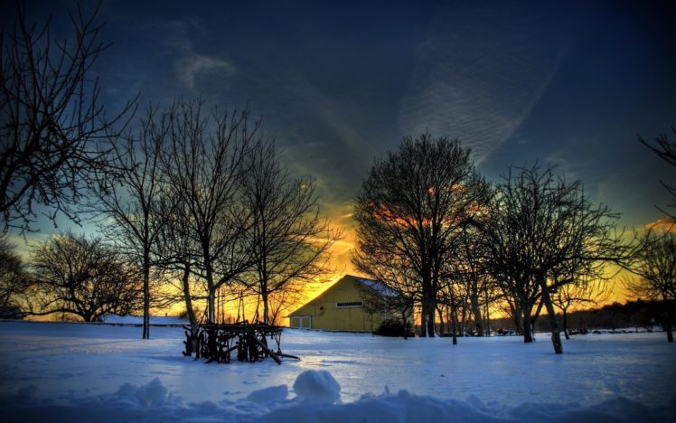village, Snow, Sunset, Winter, Nature HD Wallpaper Desktop Background
