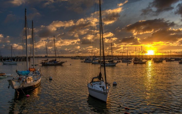 boats, Sea, Sunset, Clouds, Sky HD Wallpaper Desktop Background
