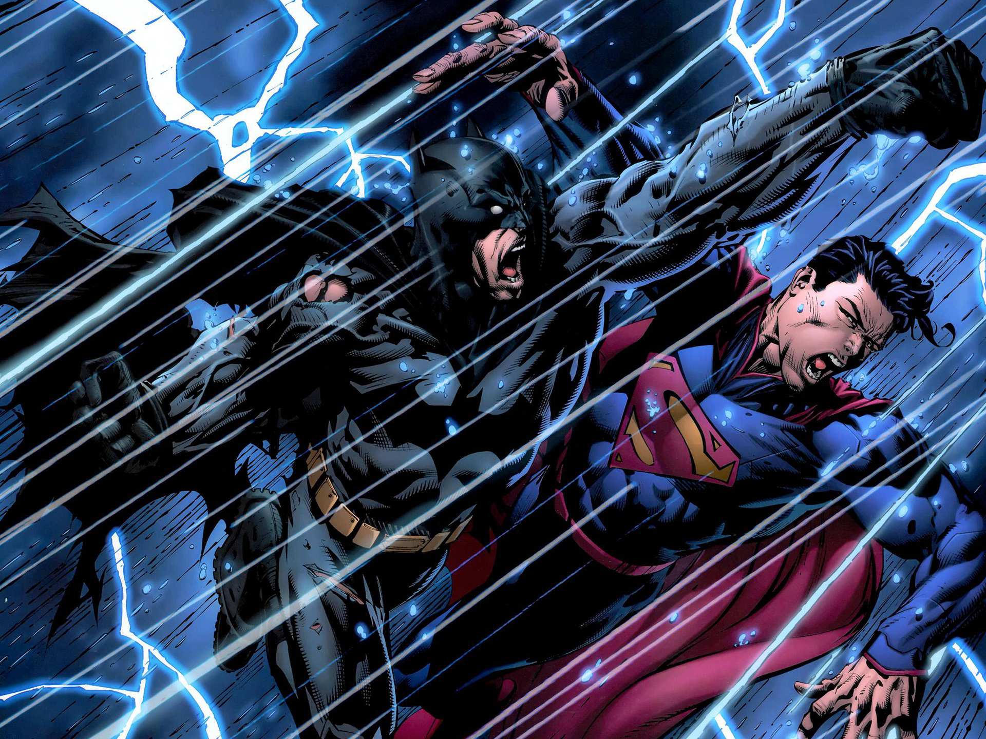 superman, Batman, Rain, Fight, Punch, Comics Wallpaper