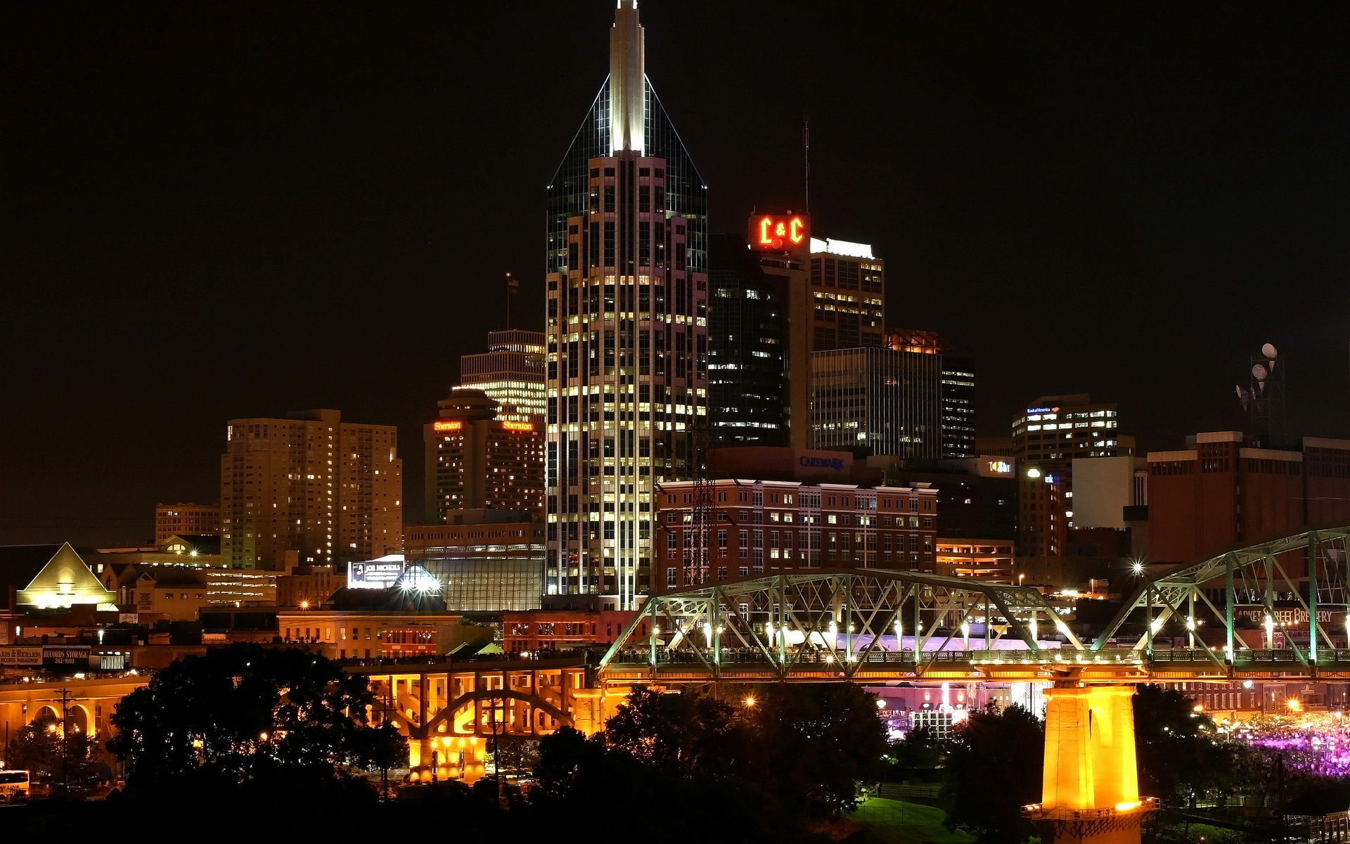 usa, Nashville, Tenessee, Cities, Architecture, Buildings, Skyscrapers, Bridges, Night, Lights, Hdr Wallpaper