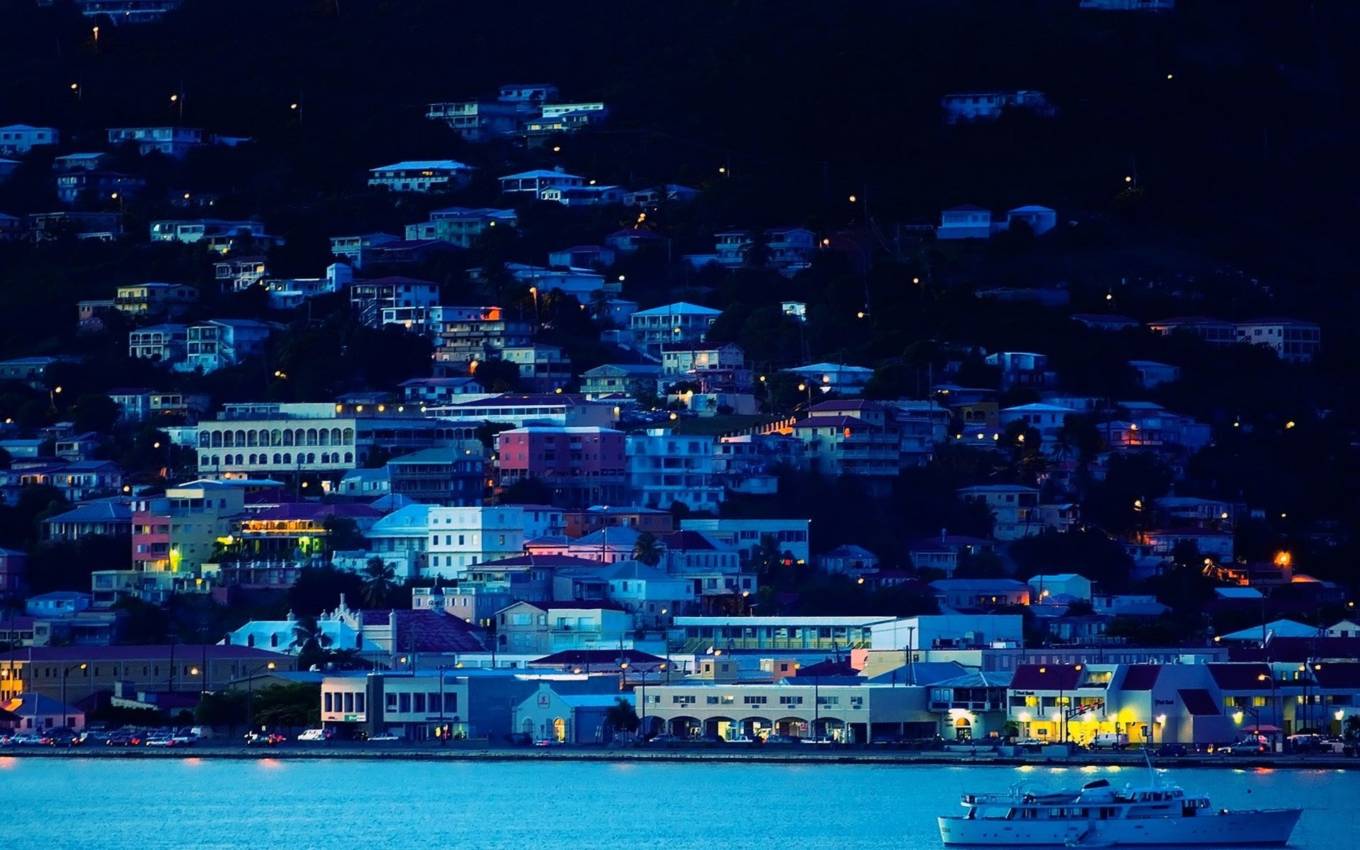 town, Light, Night, Sea, Blue Wallpaper