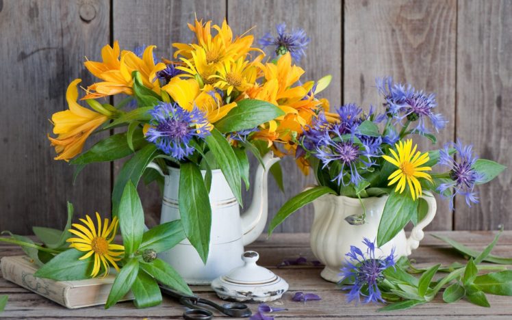 flowers, Yellow, Blue, Vase HD Wallpaper Desktop Background