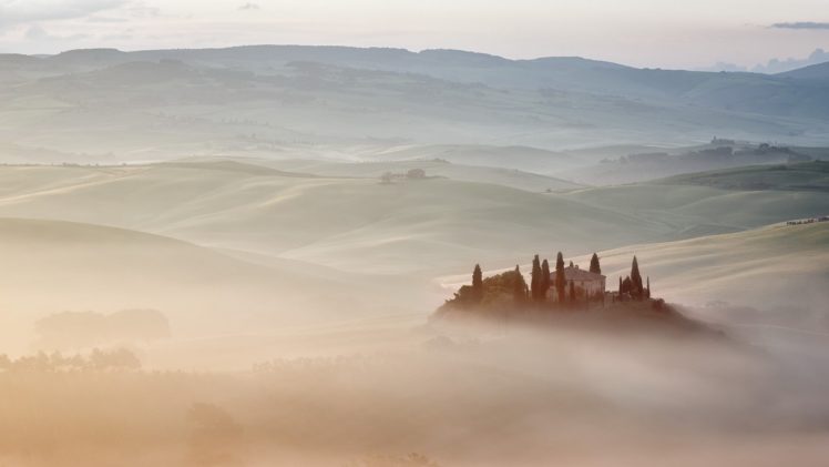 fog, Vs, Mist, Italy, Belvedere, Villa, Tuscany, Landscape, House, Rustic, Farm HD Wallpaper Desktop Background
