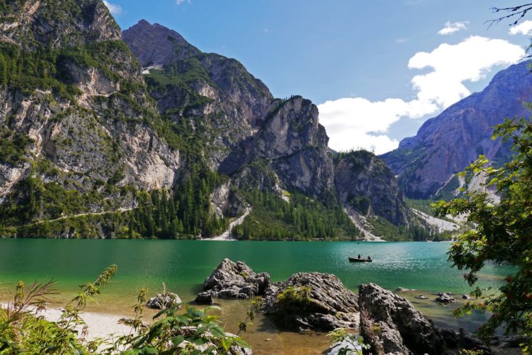 nature, Braies, Italy, Mountains, Lake, Boat, Fishing HD Wallpaper Desktop Background
