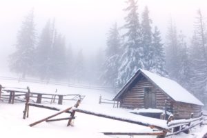 architecture, Houses, Cabin, Shed, Fence, Winter, Snow, Nature, Landscapes, Fog, Trees, Meadow, Forest